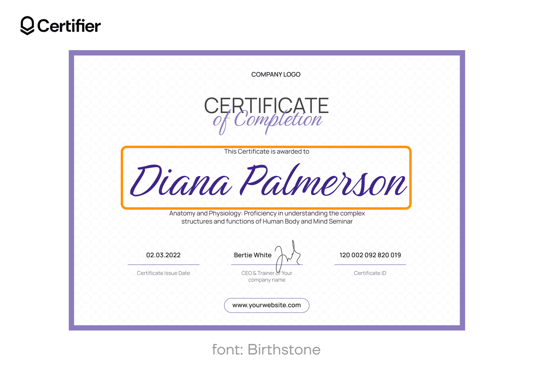Elegant script in Birthstone, one of the best cursive fonts on Google Docs, shown on a certificate. Elegant script in Birthstone, one of the best cursive fonts on Google Docs, shown on a certificate.