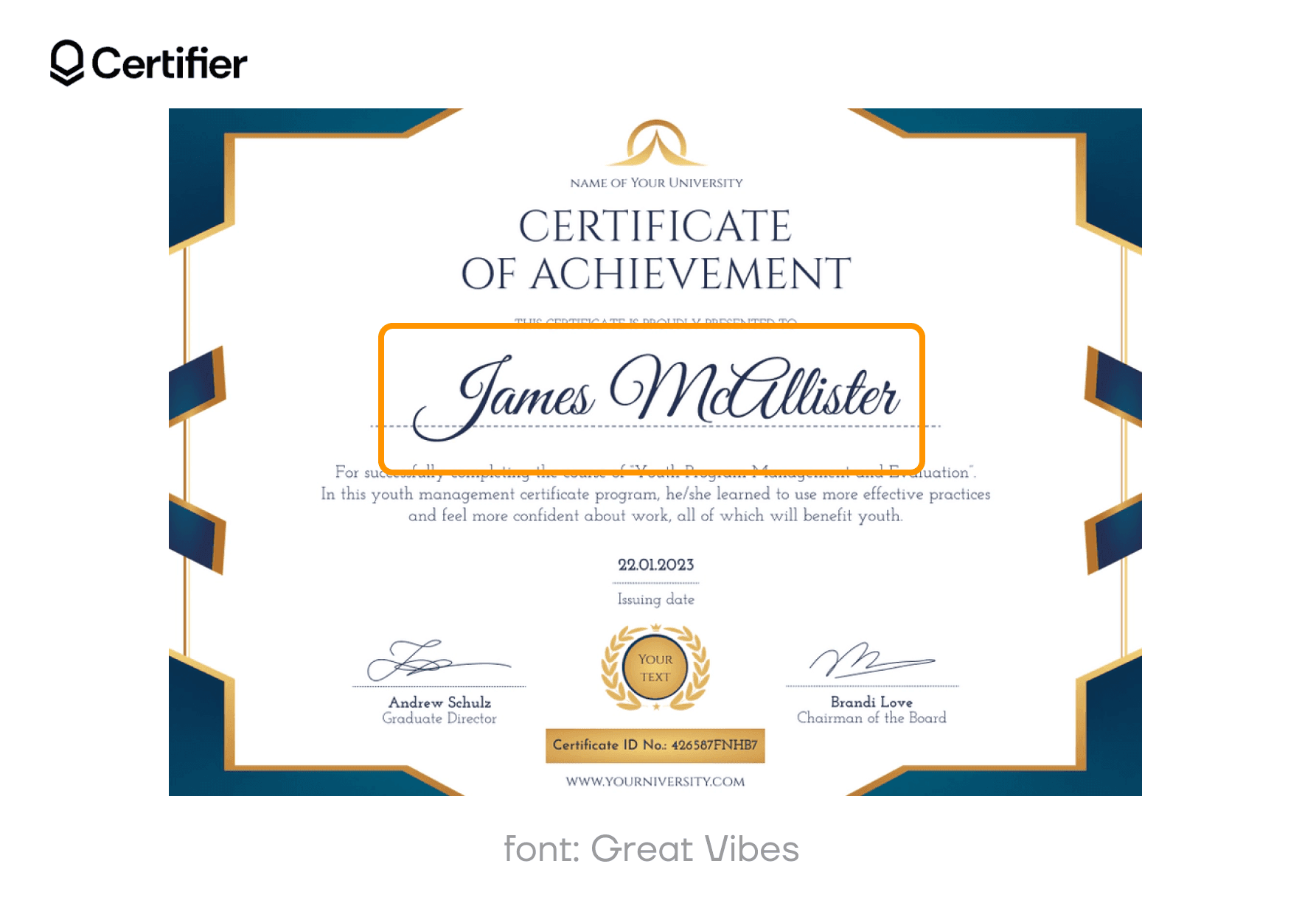 Elegant cursive text in Great Vibes, a top choice for signature fonts in Google Docs, showcased on a certificate. Elegant cursive text in Great Vibes, a top choice for signature fonts in Google Docs, showcased on a certificate.