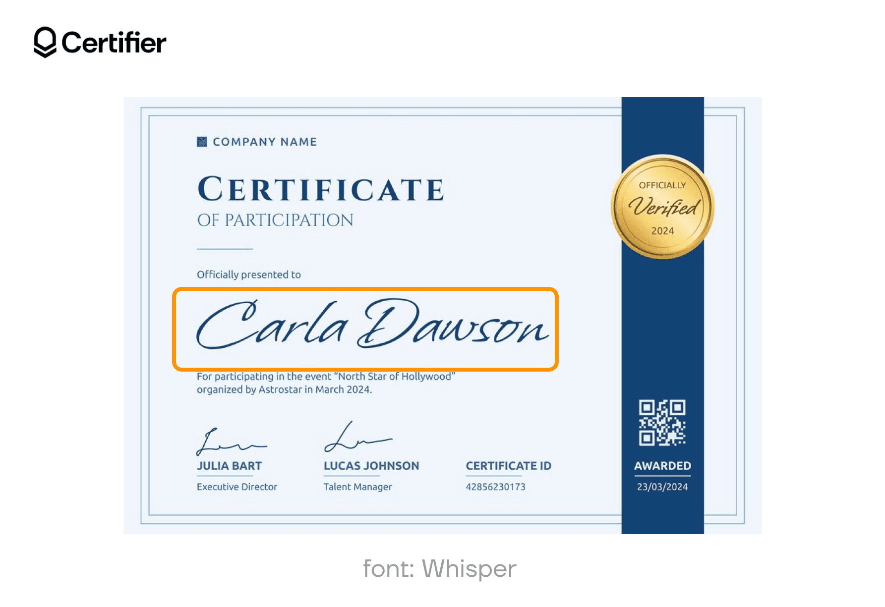 Elegant, flowing text in Whisper, displayed on a certificate using a signature font in Google Docs. Elegant, flowing text in Whisper, displayed on a certificate using a signature font in Google Docs.
