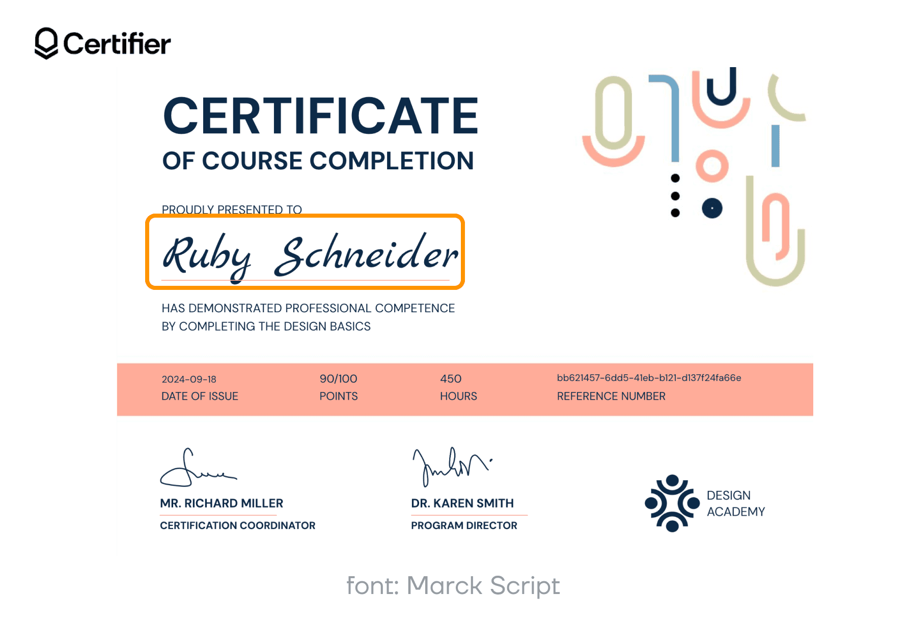 A professional course certificate using the A professional course certificate using the