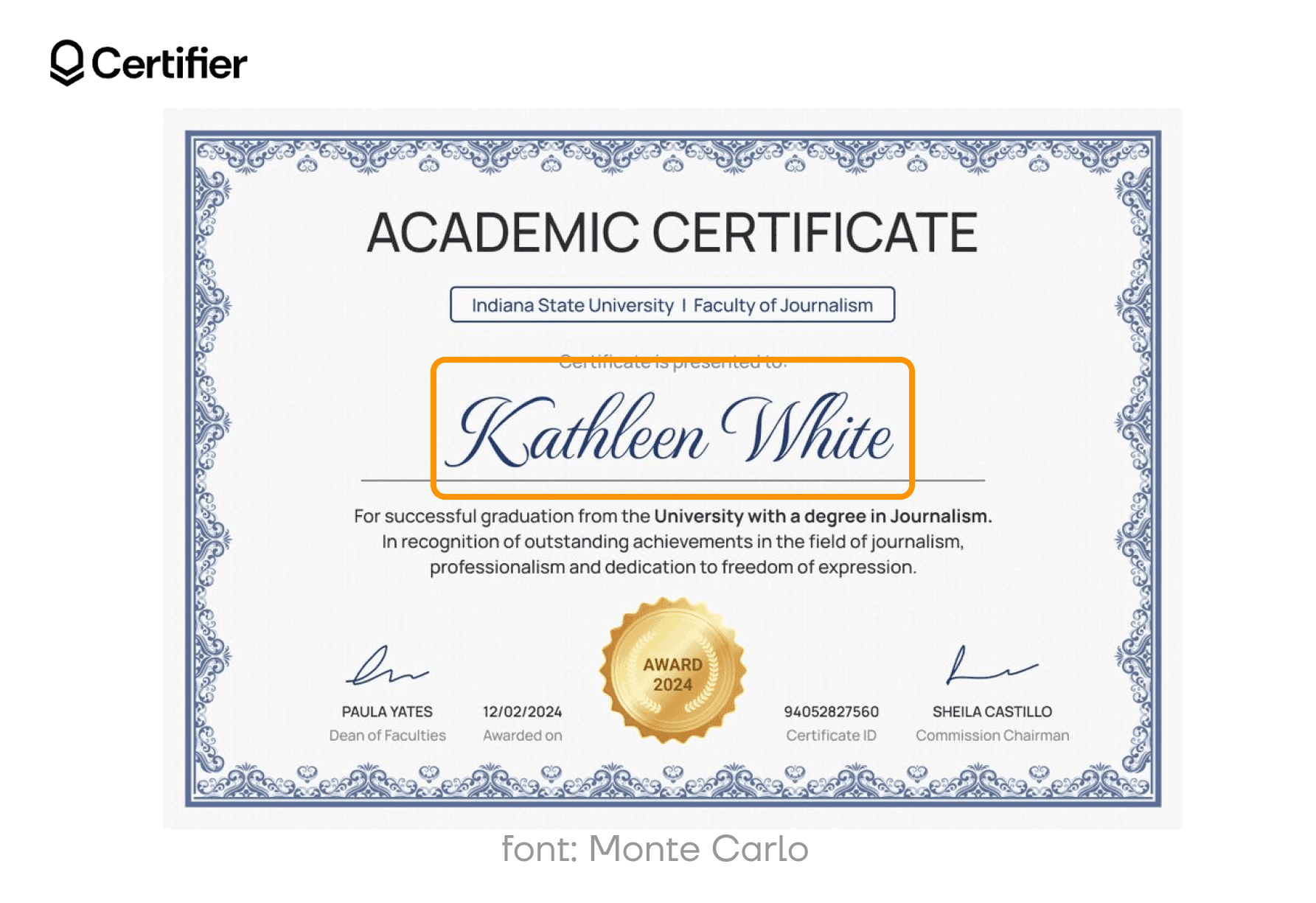An academic certificate with the An academic certificate with the