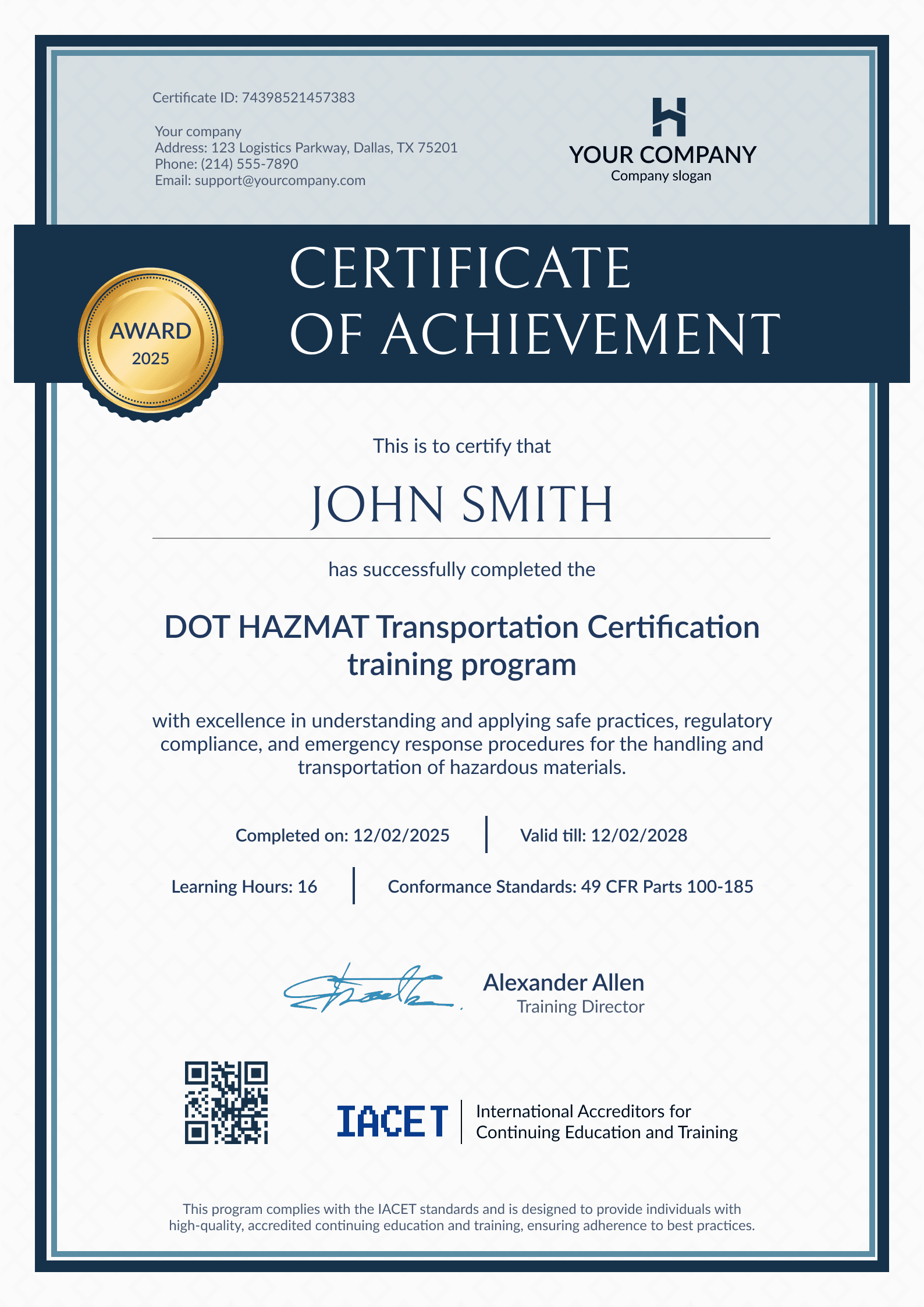 Professional and classic hazmat certificate template Professional and classic hazmat certificate template