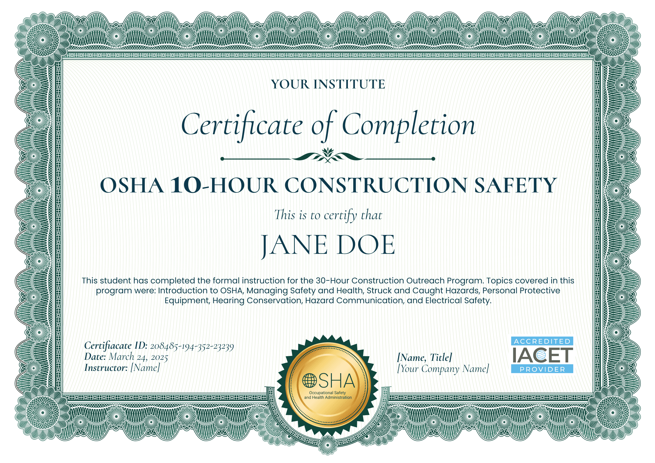 Formal and professional OSHA 30 certificate template Formal and professional OSHA 30 certificate template