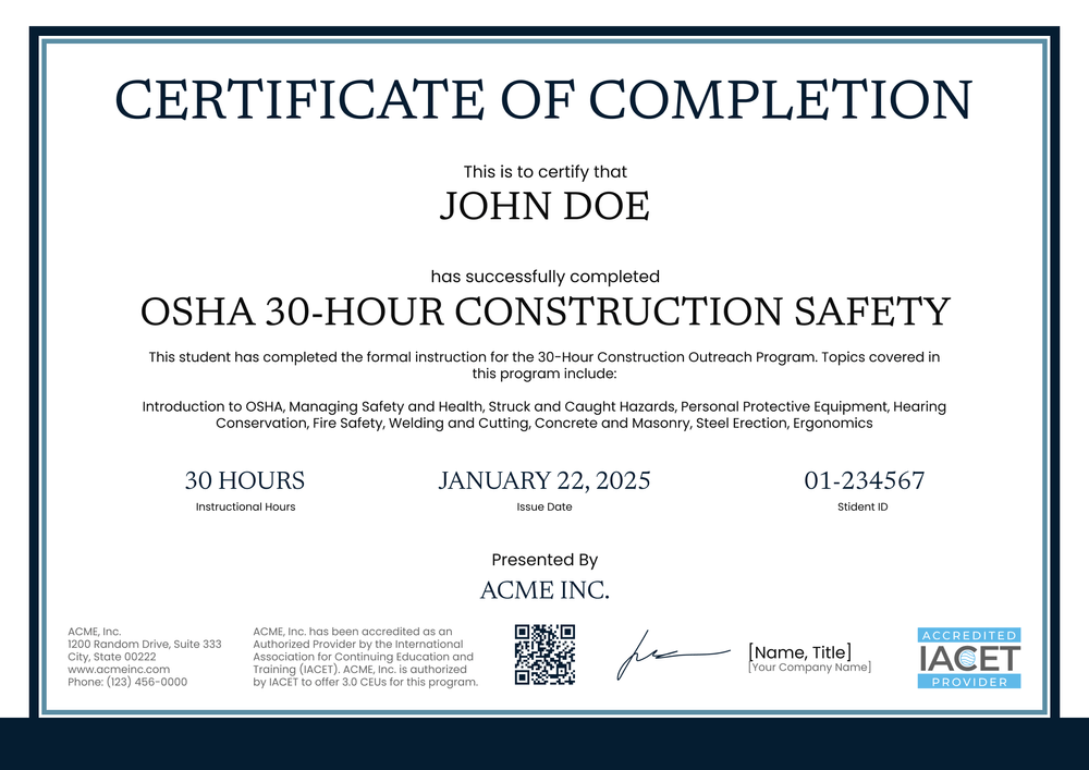 Detailed Professional OSHA 30 Certificate Template – Free & Secure Landscape Detailed Professional OSHA 30 Certificate Template – Free & Secure Landscape