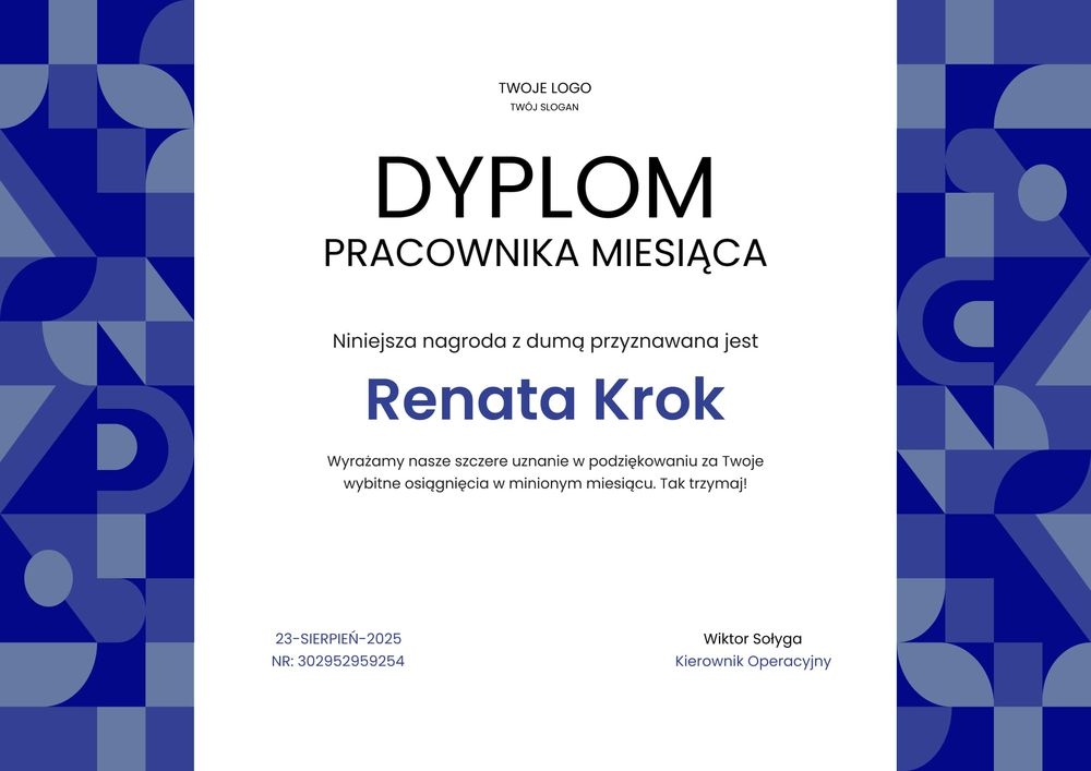 Użytkowy szablon dyplomu pracownika miesiąca - pozioma Użytkowy szablon dyplomu pracownika miesiąca - pozioma