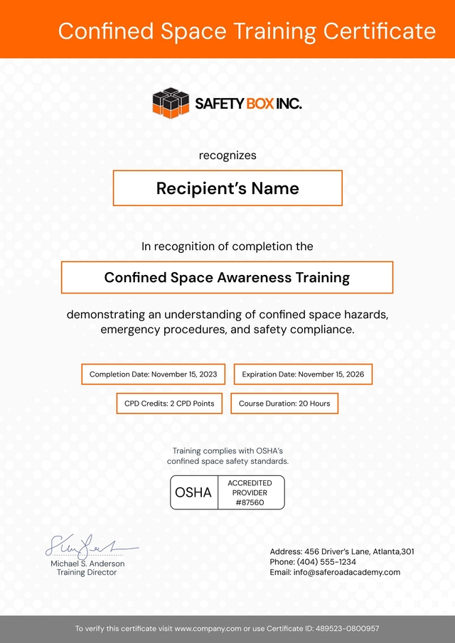 Concise and professional confined space training certificate template Concise and professional confined space training certificate template