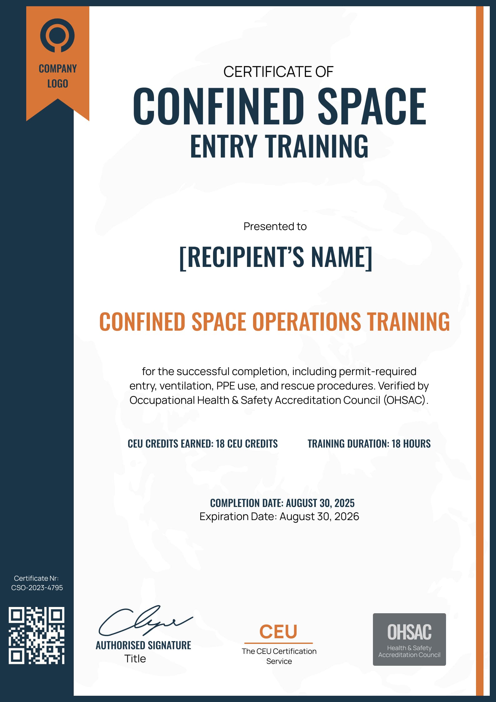 Essential professional confined space training certificate template Essential professional confined space training certificate template