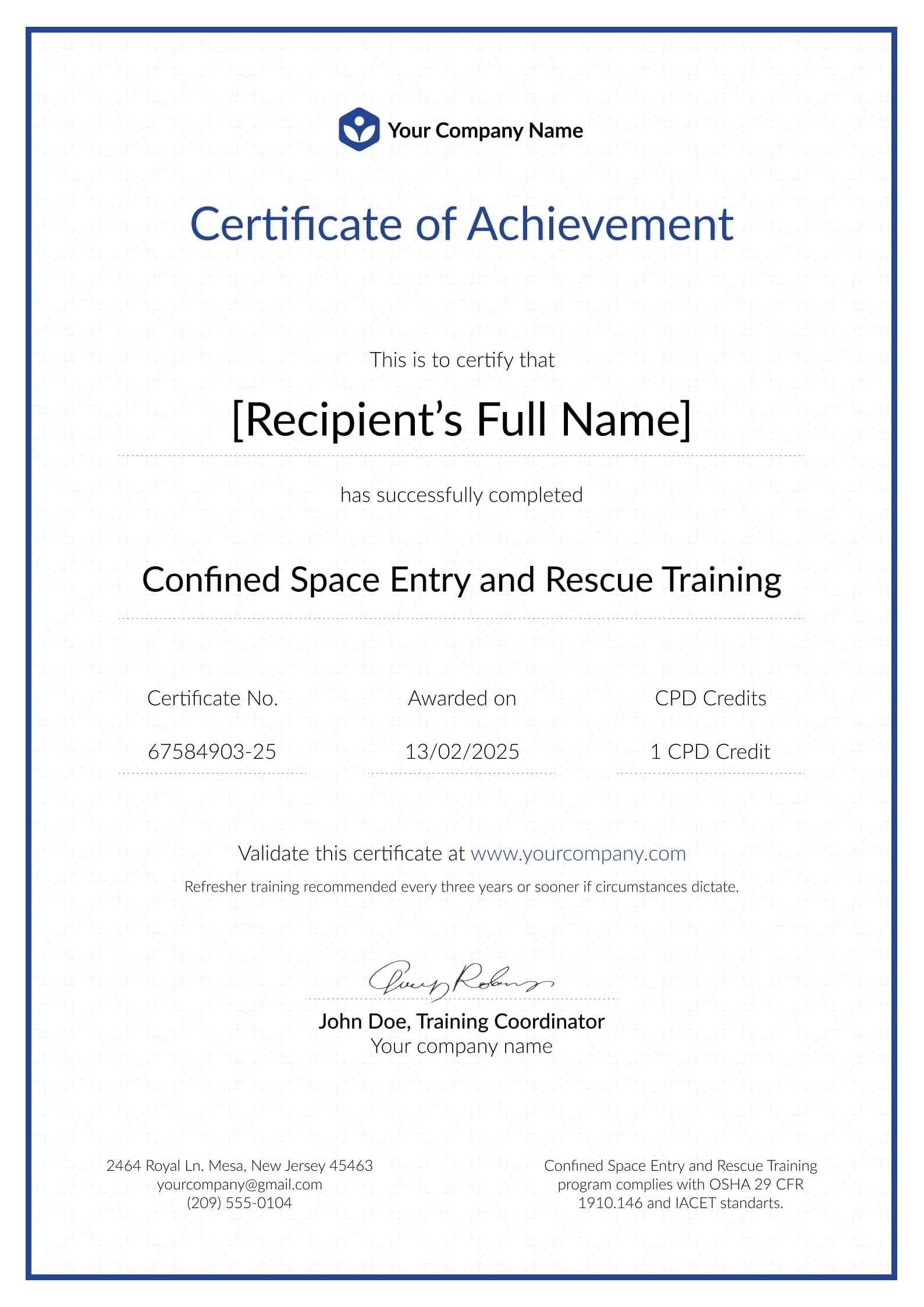 Clear and professional confined space training certificate template Clear and professional confined space training certificate template