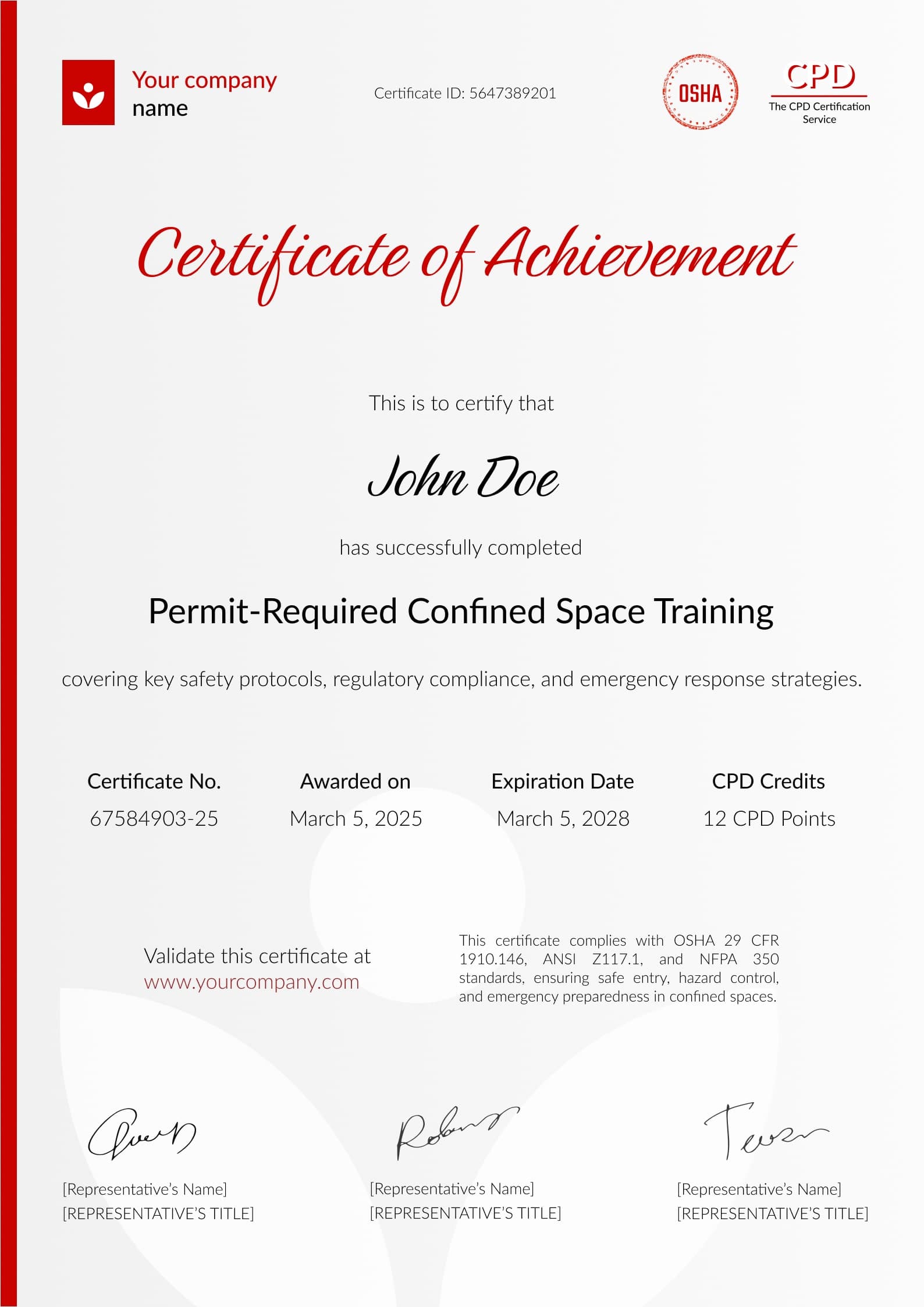 Structured professional confined space training certificate template Structured professional confined space training certificate template