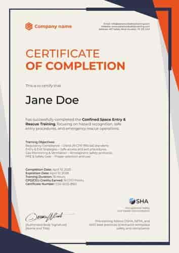 Bold and professional confined space training certificate template Bold and professional confined space training certificate template