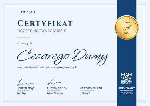 Darmowy, personalizowany certyfikat uczestnictwa – pozioma Darmowy, personalizowany certyfikat uczestnictwa – pozioma
