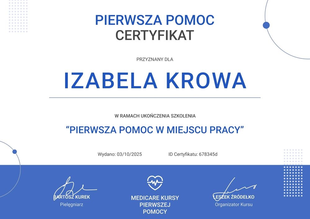 Profesjonalny certyfikat ukończenia kursu pierwszej pomocy wzór – pozioma Profesjonalny certyfikat ukończenia kursu pierwszej pomocy wzór – pozioma