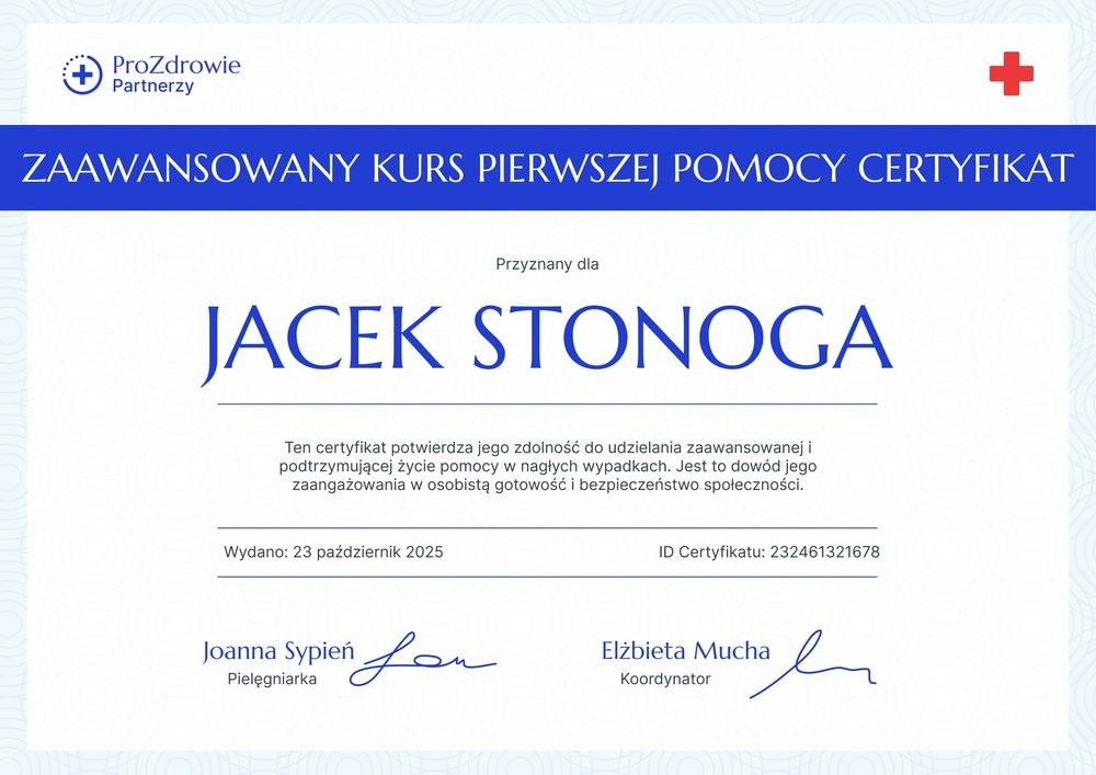 Subtelne zaświadczenie o ukończeniu kursu pierwszej pomocy PDF – pozioma Subtelne zaświadczenie o ukończeniu kursu pierwszej pomocy PDF – pozioma