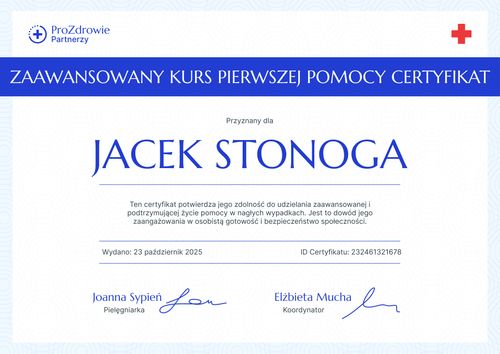 Subtelne zaświadczenie o ukończeniu kursu pierwszej pomocy PDF – pozioma Subtelne zaświadczenie o ukończeniu kursu pierwszej pomocy PDF – pozioma