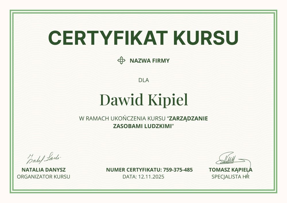 Edytowalny certyfikat ukończenia kursu –pozioma Edytowalny certyfikat ukończenia kursu –pozioma