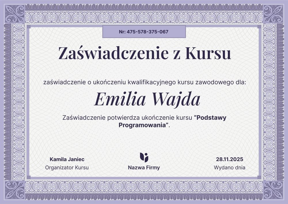 Bogaty dyplom ukończenia kursu – pozioma Bogaty dyplom ukończenia kursu – pozioma