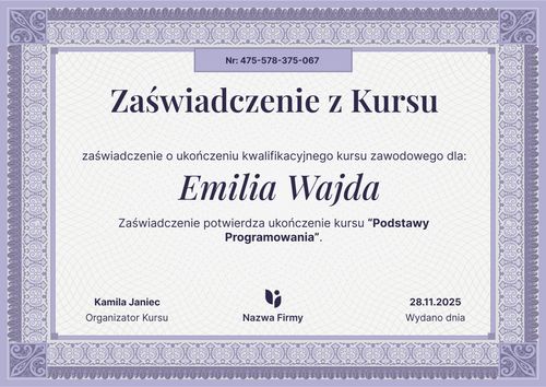 Bogaty dyplom ukończenia kursu – pozioma Bogaty dyplom ukończenia kursu – pozioma