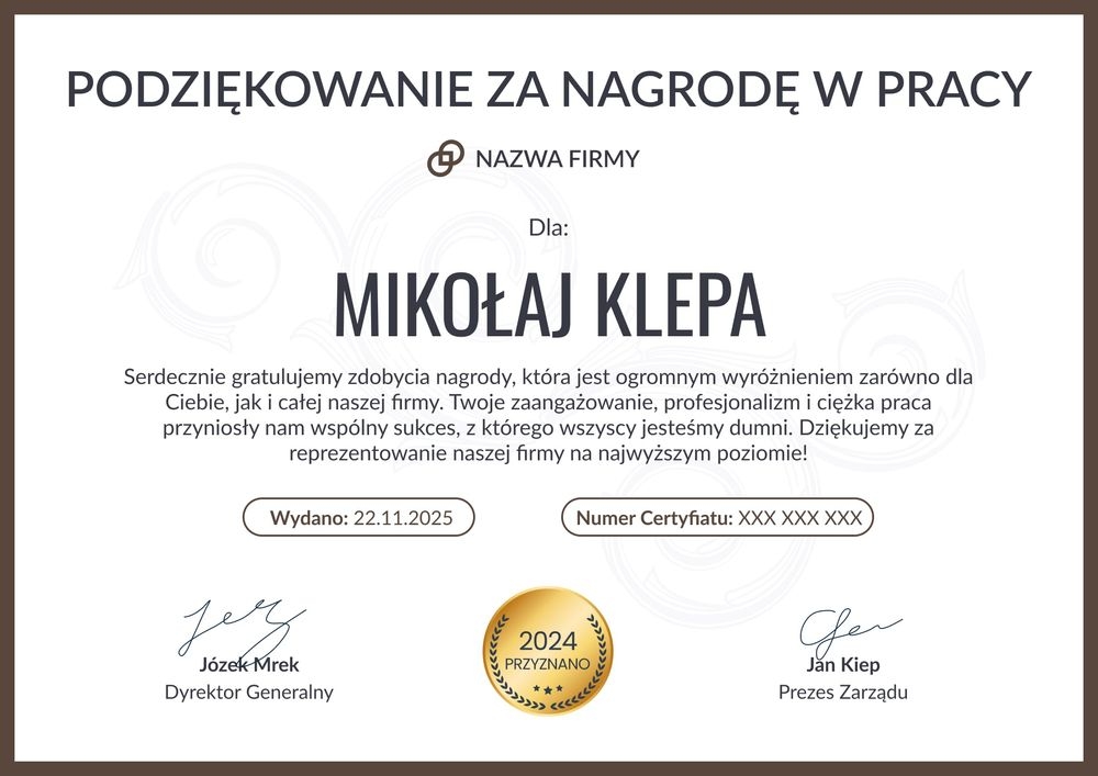 Prosty dyplom podziękowanie za nagrodę w pracy – pozioma Prosty dyplom podziękowanie za nagrodę w pracy – pozioma