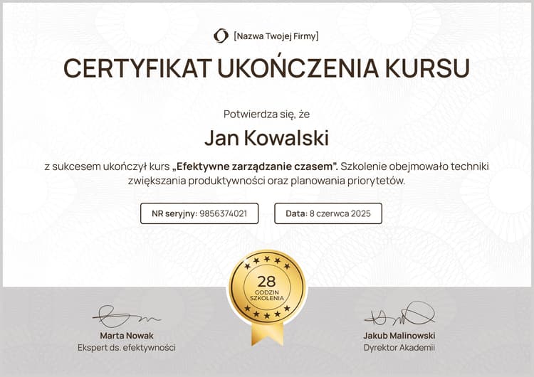 Zorganizowany i profesjonalny certyfikat ukończenia szkolenia wzór Zorganizowany i profesjonalny certyfikat ukończenia szkolenia wzór