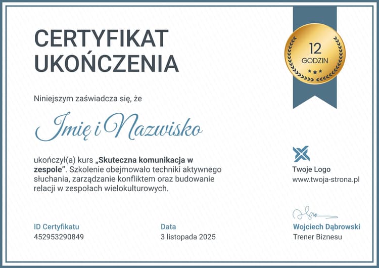 Minimalistyczny i profesjonalny certyfikat ukończenia szkolenia wzór Minimalistyczny i profesjonalny certyfikat ukończenia szkolenia wzór