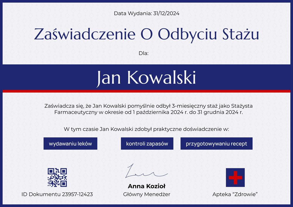 Zaświadczenie o odbyciu stażu wzór – pozioma Zaświadczenie o odbyciu stażu wzór – pozioma