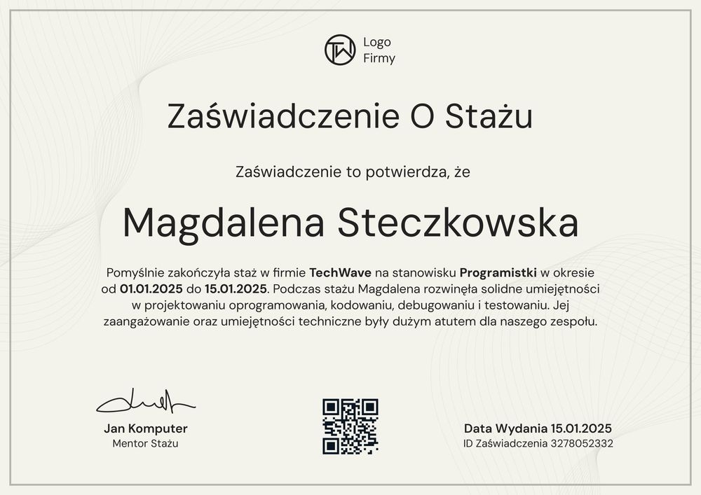 Minimalistyczny wzór zaświadczenie o stażu pracy – pozioma Minimalistyczny wzór zaświadczenie o stażu pracy – pozioma
