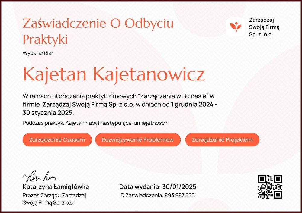 Zaświadczenie o stażu pracy lub praktyki – pozioma Zaświadczenie o stażu pracy lub praktyki – pozioma