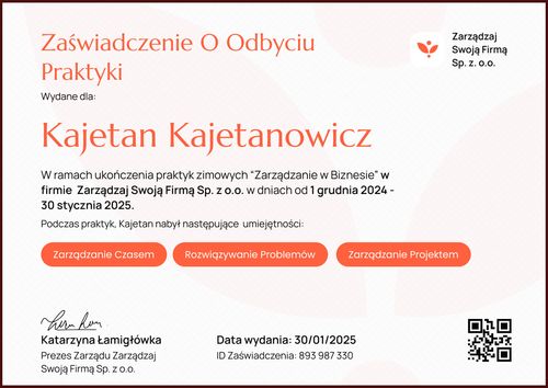 Zaświadczenie o stażu pracy lub praktyki – pozioma Zaświadczenie o stażu pracy lub praktyki – pozioma