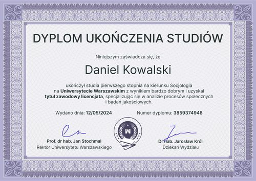 Profesjonalny dyplom ukończenia studiów wzór – pozioma Profesjonalny dyplom ukończenia studiów wzór – pozioma