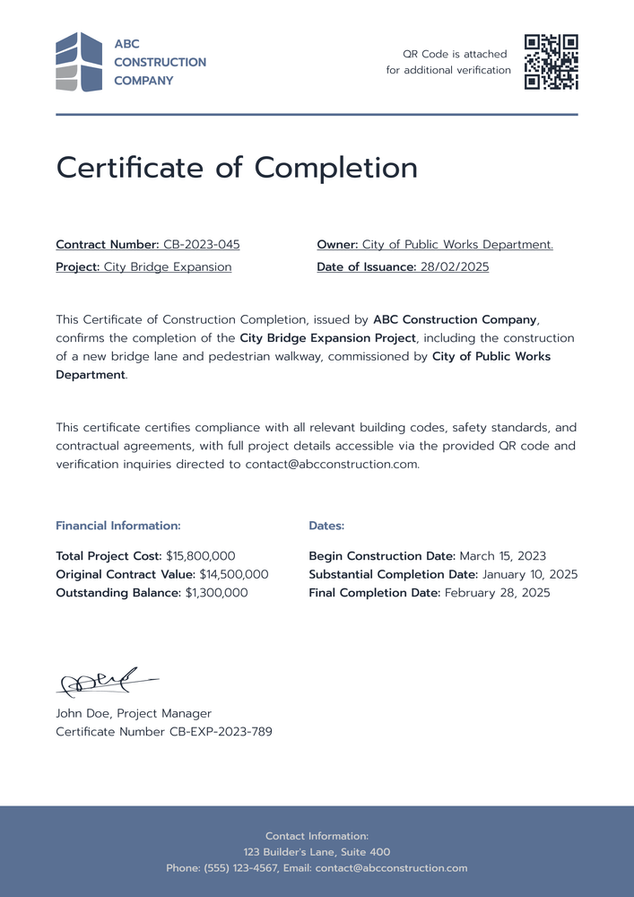 Understated and professional construction completion certificate template