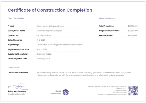 Contemporary Construction Completion Certificate Template - Free & Editable Landscape Contemporary Construction Completion Certificate Template - Free & Editable Landscape