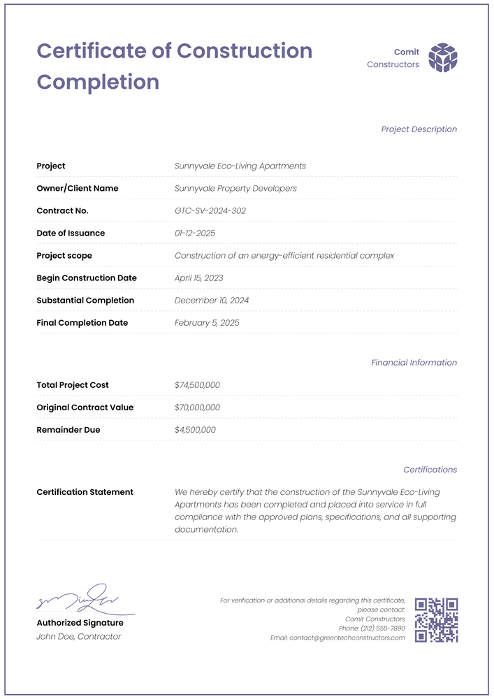 Professional and contemporary construction completion certificate template