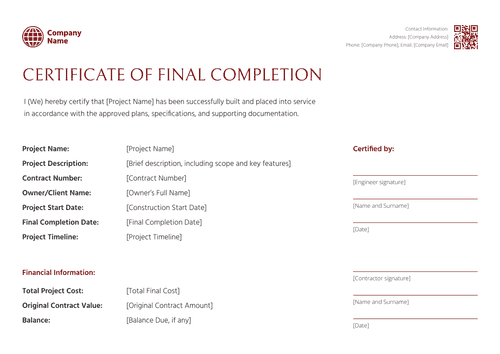 Professional and simple construction completion certificate template