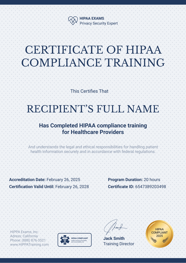Professional and elegant HIPAA training certificate template Professional and elegant HIPAA training certificate template