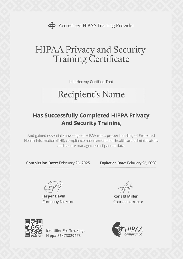 Professional and readable HIPAA training certificate template Professional and readable HIPAA training certificate template