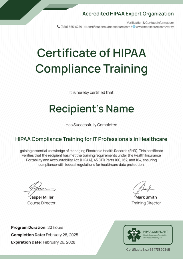 Professional and structured HIPAA training certificate template Professional and structured HIPAA training certificate template