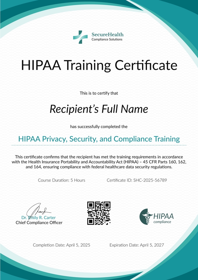 Professional and customized HIPAA training certificate template Professional and customized HIPAA training certificate template