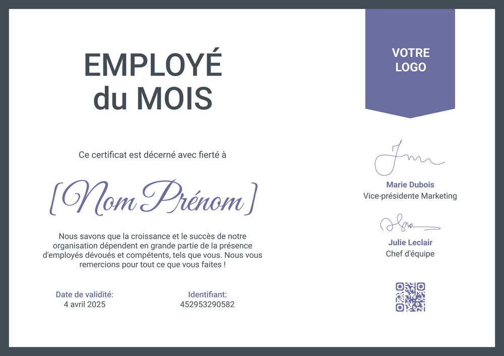 Créez un certificat employé du mois violet simple et fluide – Paysage Créez un certificat employé du mois violet simple et fluide – Paysage
