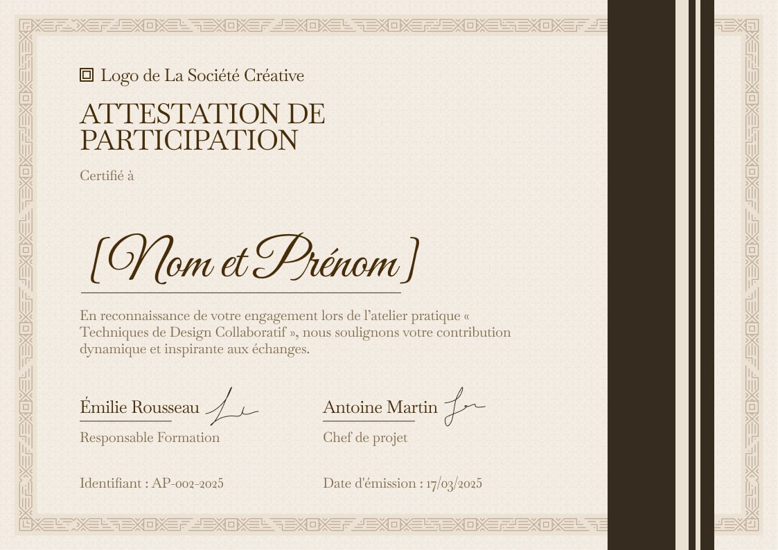 Modèle de certificat de participation professionnel et classique Modèle de certificat de participation professionnel et classique