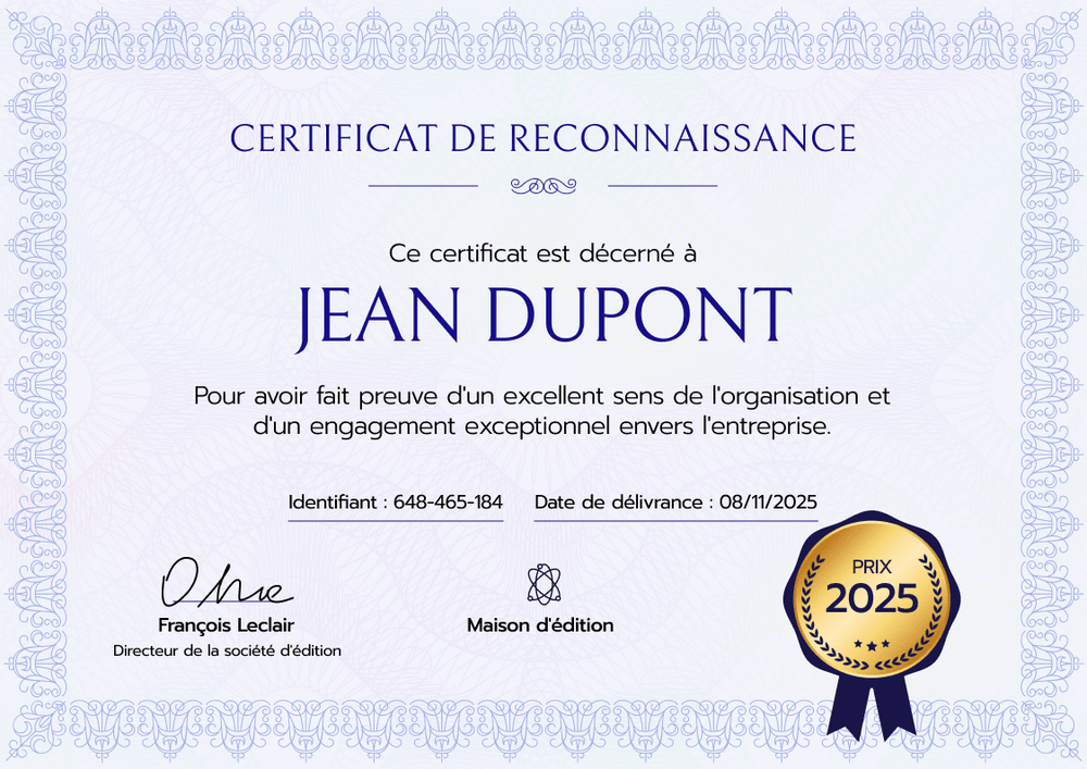 Certificat d'appréciation professionnel et distinctif – Paysage Certificat d'appréciation professionnel et distinctif – Paysage