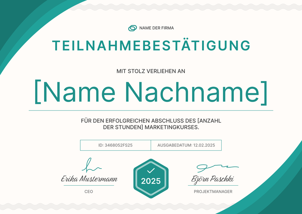 Teilnahmebescheinigung Vorlage – Querformat Teilnahmebescheinigung Vorlage – Querformat