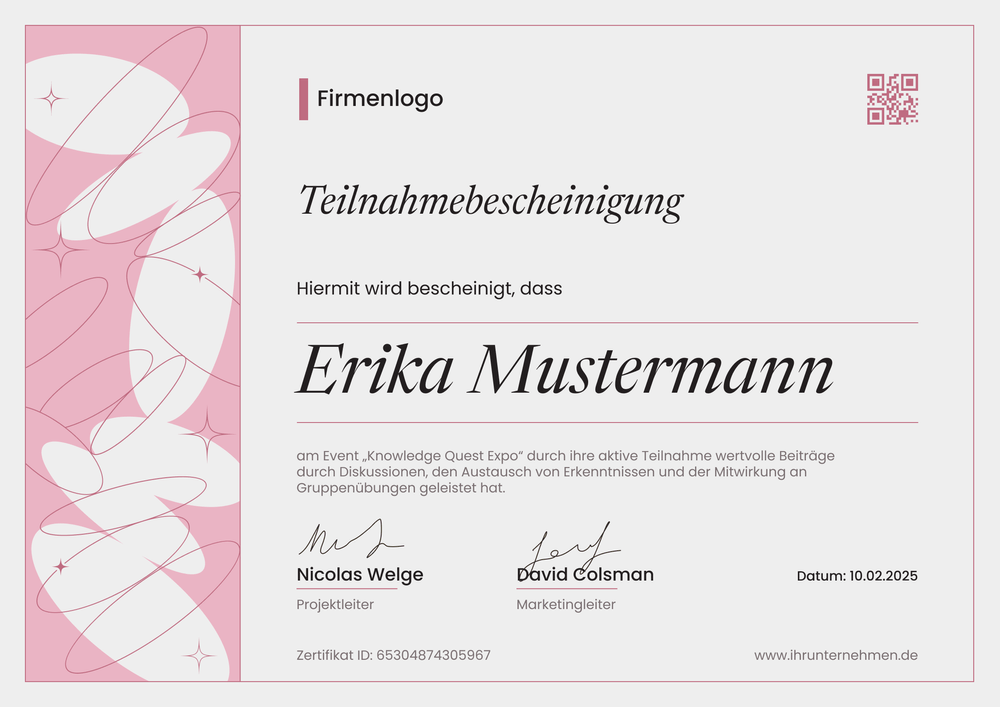 Ausdrucksstarke Teilnahmebescheinigung Vorlage – Querformat Ausdrucksstarke Teilnahmebescheinigung Vorlage – Querformat