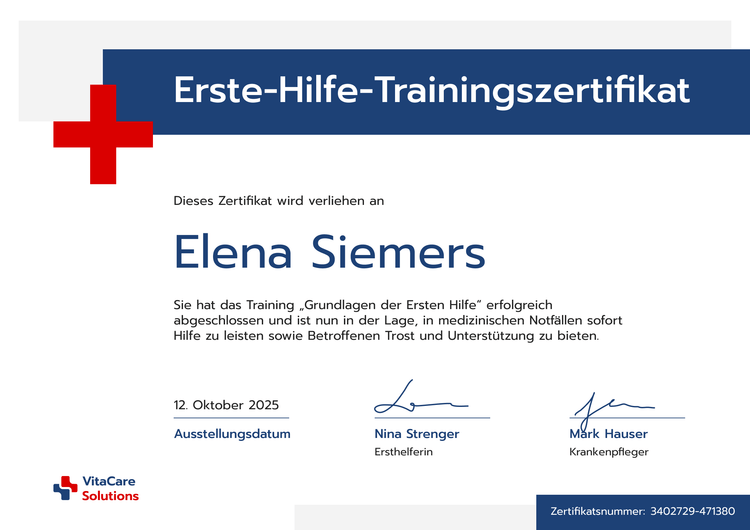 Klassisches professionelles Erste Hilfe Zertifikat Klassisches professionelles Erste Hilfe Zertifikat