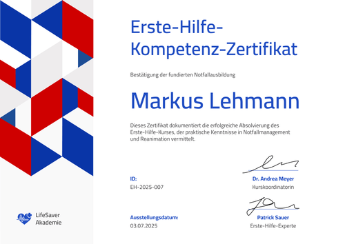 Flexibles Erste Hilfe Zertifikat – Querformat Flexibles Erste Hilfe Zertifikat – Querformat