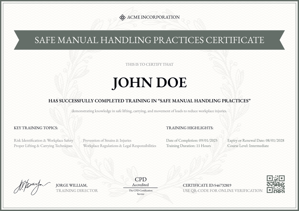 Free Manual Handling Certificate Template - Landscape Free Manual Handling Certificate Template - Landscape