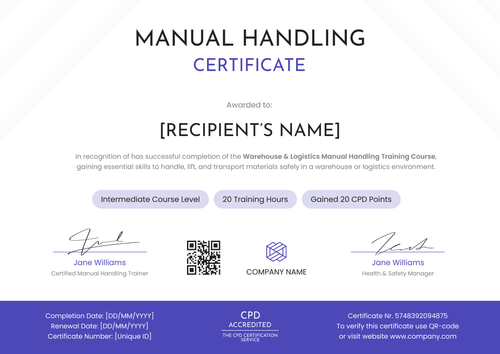 Free Manual Handling Certificate Template - Landscape Free Manual Handling Certificate Template - Landscape