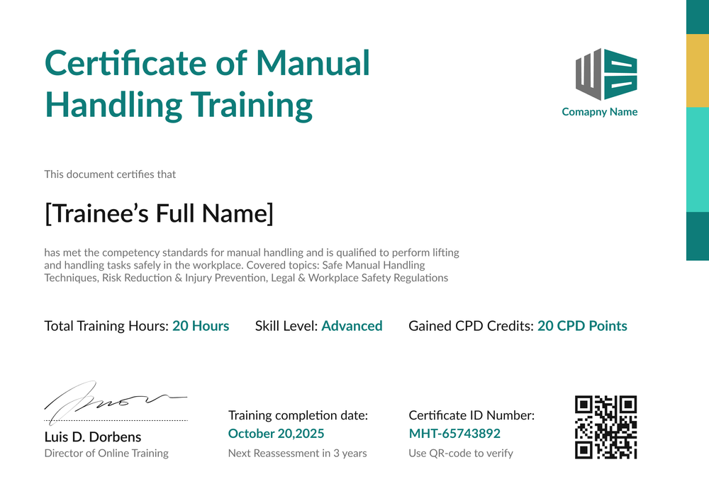 Free Manual Handling Certificate Template - Landscape Free Manual Handling Certificate Template - Landscape