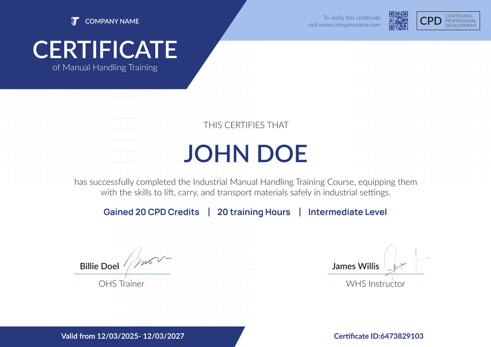 Free Manual Handling Certificate Template - Landscape Free Manual Handling Certificate Template - Landscape