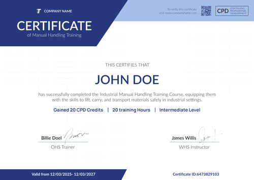 Free Manual Handling Certificate Template - Landscape Free Manual Handling Certificate Template - Landscape