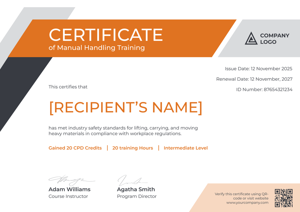 Free Manual Handling Certificate Template - Landscape Free Manual Handling Certificate Template - Landscape